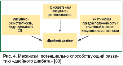 Рис. 4. Механизм, потенциально способствующий развитию «двойного диабета» [38]