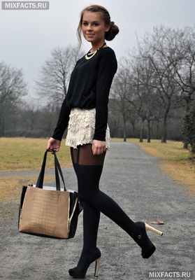 С чем носить колготки с имитацией чулок? 