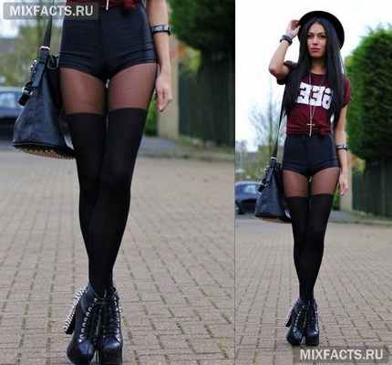 С чем носить колготки с имитацией чулок? 