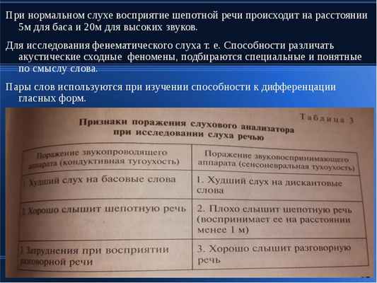 При нормальном слухе восприятие шепотной речи происходит на расстоянии 5м для баса и 20м для высоких