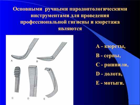 Основными ручными пародонтологическими инструментами для проведения профессиональной гигиены и кюретажа являютсяА - кюреты,B - серпы, С -