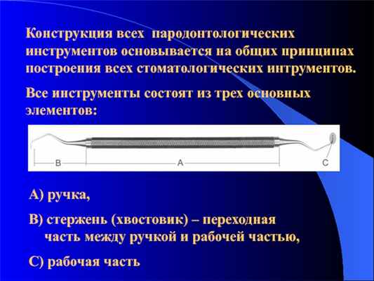 Конструкция всех пародонтологических инструментов основывается на общих принципах построения всех стоматологических интрументов. Все инструменты состоят из трех