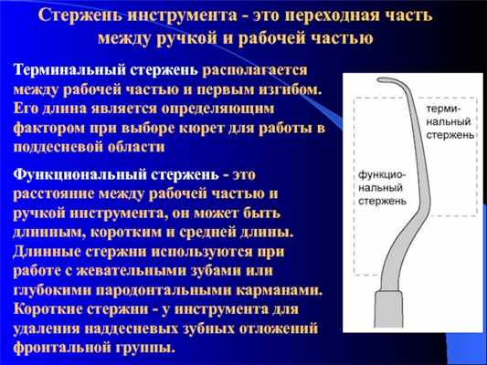 Стержень инструмента - это переходная часть между ручкой и рабочей частьюТерминальный стержень располагается между рабочей частью и