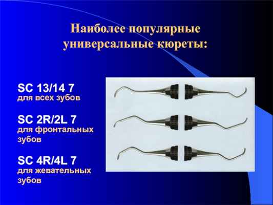 Наиболее популярные универсальные кюреты:SС 13/14 7SС 2R/2L 7SС 4R/4L 7для всех зубовдля фронтальных зубовдля жевательных зубов