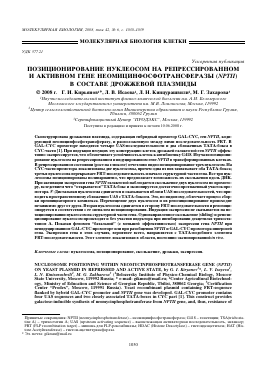 ПОЗИЦИОНИРОВАНИЕ НУКЛЕОСОМ НА РЕПРЕССИРОВАННОМ И АКТИВНОМ ГЕНЕ НЕОМИЦИНФОСФОТРАНСФЕРАЗЫ (NPTII) В СОСТАВЕ ДРОЖЖЕВОЙ ПЛАЗМИДЫ - тема научной статьи по биологии из журнала Молекулярная биология