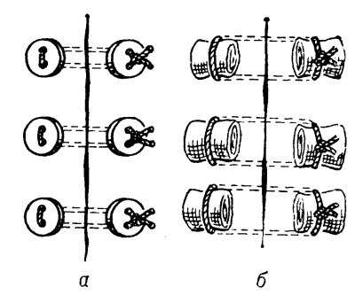 Рис. 13. Схематическое изображение пластинчатых П-образных швов: а — на пуговицах; б — на марлевых шариках.