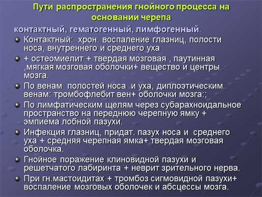 Пути распространения гнойного процесса на основании черепаконтактный, гематог. 