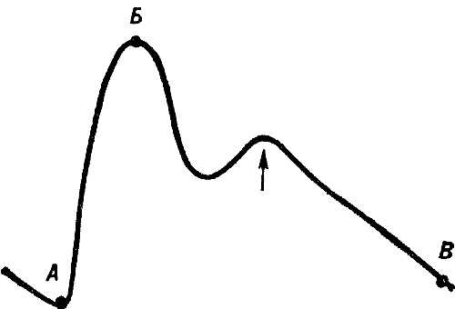 Рис. 2. Сфигмограмма периферического пульса: АБ — анакрота; БВ — катакрота; дикротическая волна указана стрелкой.