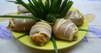 Фаршированные Кальмары с шампиньонами, сыром и овощами