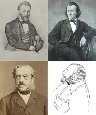 Люди, сыгравшие важную роль в истории операции резекции желудка. Вверху слева: автор методики операции Теодор Бильрот (1829-1894) в 29 лет, во время работы в «Шарите». Автопортрет. Вверху справа: Иоганнес Брамс (1833-1897), друг и вдохновитель Бильрота. Снимок сделан в 1866 году, в пору начала их знакомства. Бороду композитор отрастил 11 годами позже, во время совместной поездки с Бильротом по Италии. Внизу слева: хирург Бернгард фон Лангенбек (1810-1887), наставник юного Бильрота в Берлинском университете и клинике «Шарите». Он организовал молодому ассистенту рабочее место для научных занятий, заинтересовал его онкохирургией и вручил ему первый препарат кишечных полипов. Внизу справа: хирург Жюль-Эмиль Пеан (1830-1898), который первым пытался выполнить операцию резекции желудка. Рисунок Анри Тулуз-Лотрека. 