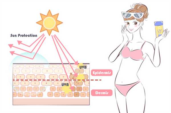 Схематичнй рисунок: виды лучей, рядом стоит девушка и держит в руке солнцезащитное средство