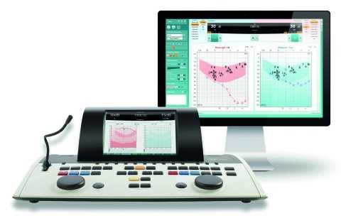 На рисунке - клинический аудиометр Interacoustics AC40 Hybrid (Дания). На экране отображается аудиограмма.
