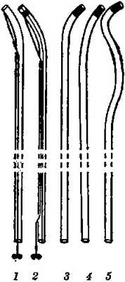 Рис. 2. Катетеры и зонды для бронхографии: 1 — управляемый катетер Розенштрауха; 2 — управляемый катетер Розенштрауха — Смулевича; 3—5 — зонды Метра.