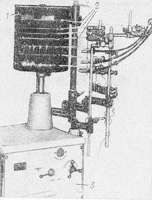 Рис. 3. Кимограф с электроприводом: 1— барабан с бумагой, покрытой сажей; 2 — писчики с отводами от датчиков: 3 — коробка скоростей с электроприводом.
